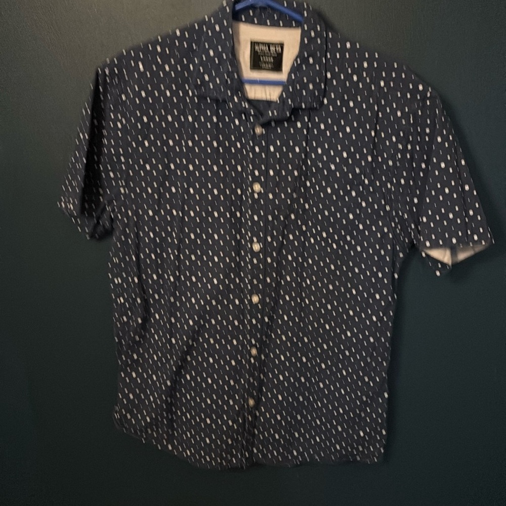 Alpha Beta Men’s Polka Dot Blue Short Sleeve Button Up Shirt Size Large
